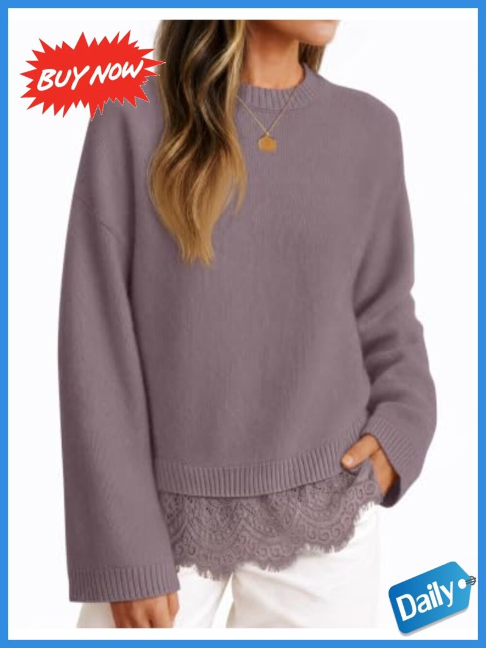 Lace Trim Pullover Sweater Crew Neck Drop Shoulder Long Sleeve Knit Top